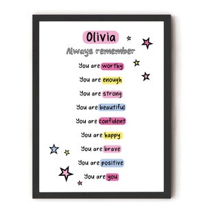 Girls Personalised Positive Affirmations Print Girls Bedroom Decor Motivational Poster Playroom Rainbow Wall Art Playroom wall art image 3