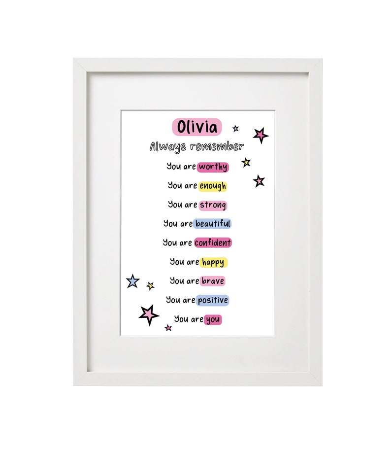 Girls Personalised Positive Affirmations Print Girls Bedroom Decor Motivational Poster Playroom Rainbow Wall Art Playroom wall art image 1