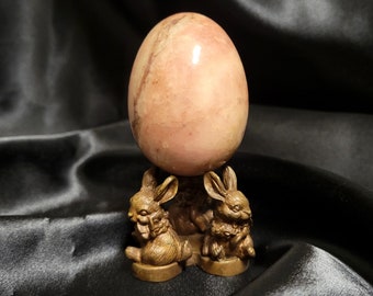 Polished Stone Egg Pink Alabaster Egg Eostre Altar Decor Pink Alabaster Easter Decor Brass Rabbit Gemstone Polished Stone Metaphysical