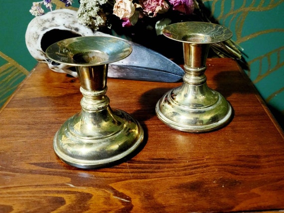 Two Vintage Brass Taper Candle Holders, Two Antique Brass Taper