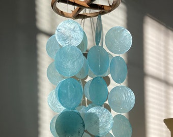 Turquoise Capiz Shell Wind Chime | Handmade Bali Mobile, Home Decor