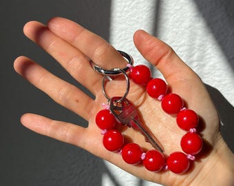 Handmade Beaded Bag Charm Keychain, Red Accent, Colorful Design Holder