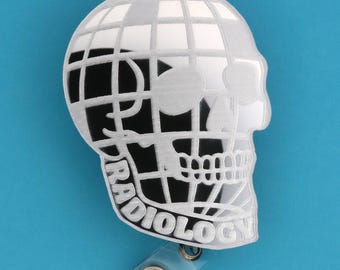 Disco Ball Skull Badge Reel | Radiology Engraved Mirror Acrylic | Retractable ID Holder