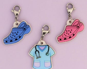 Nurse Badge Reel Dangle Charm | Pastel Scrub Top & Crocs