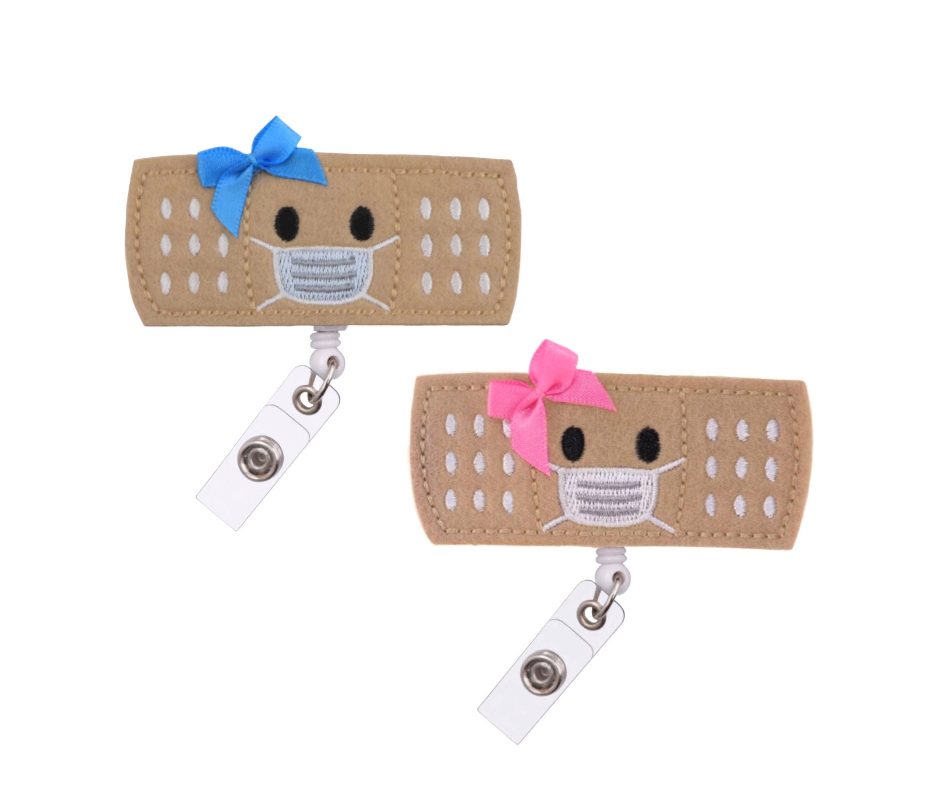 2 Pack! Gift Set Badge Reel Bandaid with Mask Pink & Blue Bow for Nurse  Doctor Name Tag Holder with Clip