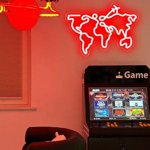 Enseigne au néon de carte du monde vintage - art mural terre rouge, décoration d'enseigne au néon LED carte du monde personnalisée pour bar, salle de jeux de bureau, cadeau pour amateur de voyage