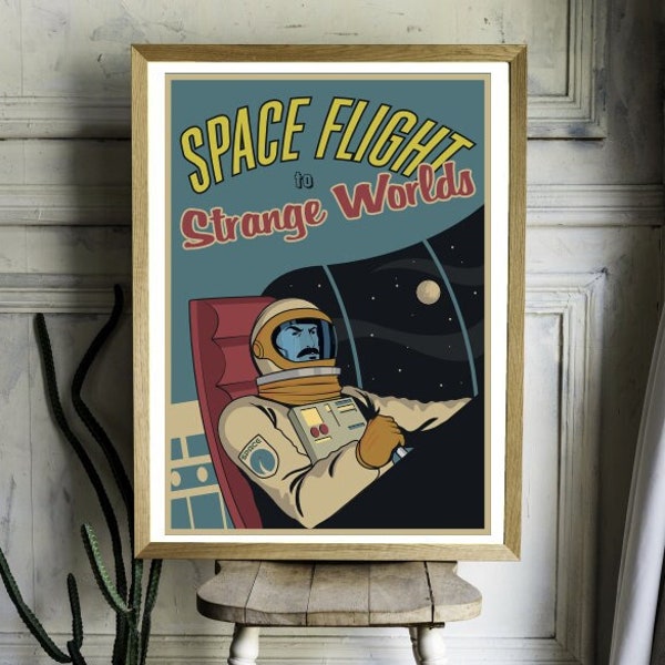 Retro 60's Style Comic Wall Art Print. Space Flight to Strange Worlds. Rocket, Spaceship, Planets, Astronaut, Illustration. Kids, Gift Idea.