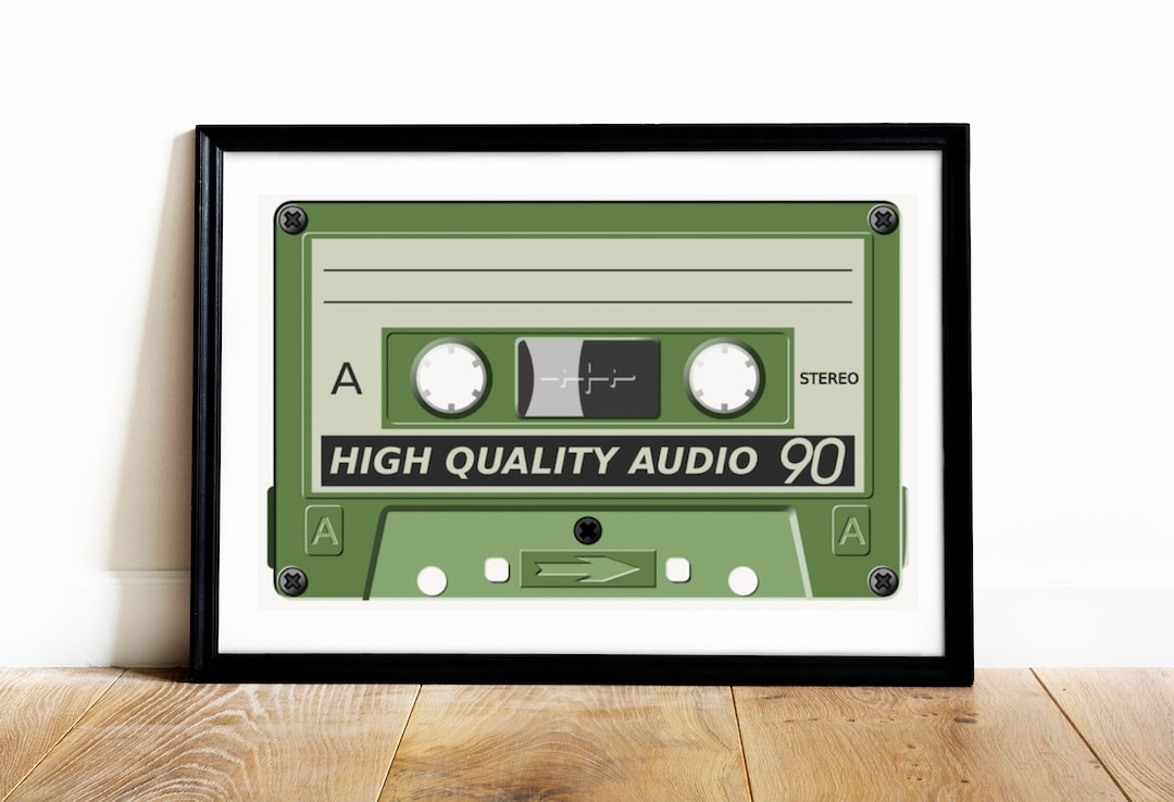Retro Green Cassette Tape Wall Art Print. Old School Tape Cassette