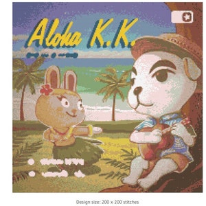 Puede incluir: Diseño de punto de cruz que muestra un perro de dibujos animados tocando la guitarra y un conejo bailando en una playa. El texto "Aloha K.K." se muestra en amarillo. Hay palmeras y una escena de playa en el fondo. Tamaño del diseño: 200 x 200 puntadas.