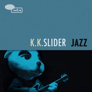 Puede incluir: Un perro de dibujos animados azul tocando una guitarra con el texto "K.K. SLIDER JAZZ" sobre un fondo azul.