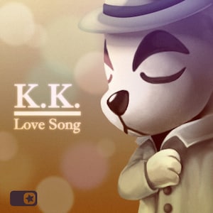 Puede incluir: Un animal de dibujos animados con un sombrero fedora y un abrigo marrón, con el texto "K.K. Love Song" debajo.