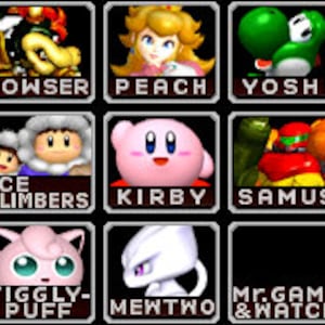May include: A grid of colorful character icons from the video game Super Smash Bros. Melee. The characters include Mario, Luigi, Bowser, Peach, Yoshi, Donkey Kong, Captain Falcon, Ganondorf, Falco, Fox, Ness, Ice Climbers, Kirby, Samus, Zelda, Link, Young Link, Pichu, Pikachu, Jigglypuff, Mewtwo, Mr. Game & Watch, Marth, and Roy.