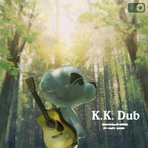 Puede incluir: Un personaje de dibujos animados de perro azul y blanco sosteniendo una guitarra acústica en un entorno de bosque. El texto "K.K. Dub" está escrito en blanco sobre un fondo marrón claro.