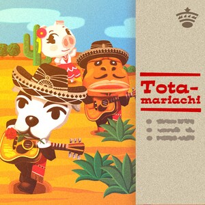 Puede incluir: Un perro blanco con un sombrero marrón toca la guitarra con una rana marrón con un sombrero y un cerdo rosa con un vestido rojo.