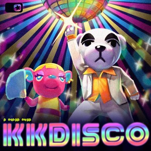 Puede incluir: Una ilustración colorida de dos personajes animales bailando en un escenario de discoteca. Los personajes son un perro blanco con manchas negras y un cerdo rosa con ropa amarilla. El fondo es un patrón de rayas arcoíris con una bola de discoteca y estrellas.