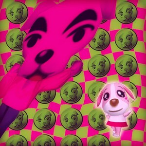 Puede incluir: Una obra de arte digital vibrante y estilizada que presenta un personaje grande, rosa y parecido a un perro y un personaje más pequeño y sonriente. El fondo es un patrón a cuadros de círculos verdes y rosas con caras de perro.