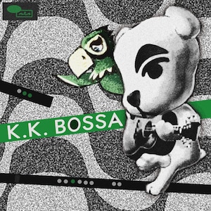 Puede incluir: Una ilustración en blanco y negro de un perro tocando la guitarra con un pájaro verde detrás. El texto "K.K. BOSSA" está escrito en letras blancas sobre un fondo verde.