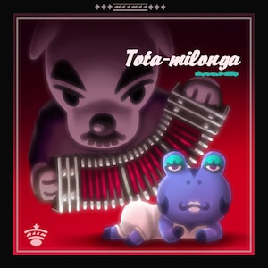 Puede incluir: Una ilustración digital de un perro de dibujos animados tocando un acordeón con una rana sentada frente a él. El perro lleva un atuendo rojo y negro y la rana lleva un vestido blanco. El fondo es rojo y el texto "Tota-milonga" está escrito en blanco en la parte superior de la imagen.