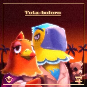 Puede incluir: Una ilustración digital de tres personajes animales en un entorno tropical. Los personajes son un pájaro amarillo con detalles azules, una gallina roja y naranja y un perro pequeño marrón. El texto "Tota-bolero" está en la parte superior de la imagen.