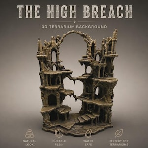 May include: A 3D terrarium background titled THE HIGH BREACH, featuring a multi-level stone-like structure with arched doorways, staircases, and a central archway. The piece has a weathered, textured appearance in shades of beige and brown.