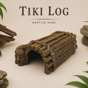 May include: A brown, log-shaped reptile hide featuring a carved tiki face at the entrance and geometric patterns along the sides. The text "TIKI LOG" and "REPTILE HIDE" is printed above the object in a dark brown, serif font.