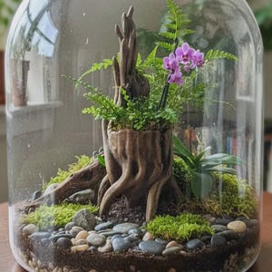 May include: A glass terrarium containing a brown tree-stump-shaped planter, green ferns, a small purple orchid, moss, and smooth grey pebbles. The arrangement is enclosed within a clear, rounded glass dome, creating a self-contained ecosystem.