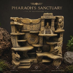 May include: A beige 3D terrarium background titled PHARAOH'S SANCTUARY featuring carved Egyptian motifs, including a central Eye of Horus, winged sun disk, sphinxes, and tiered platforms with stone-like textures and intricate hieroglyphic details.