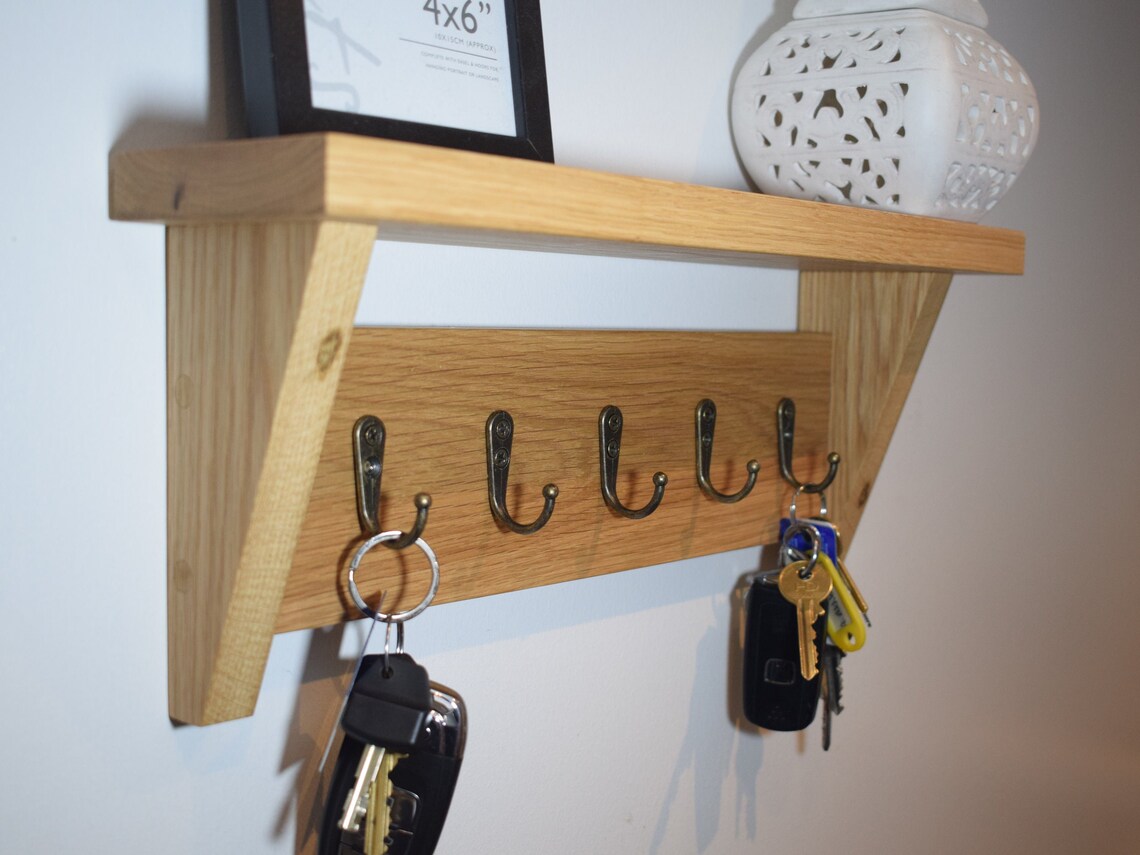 Solid Oak Key Rack With Shelf Wall Storage Vintage Key Hooks Etsy UK