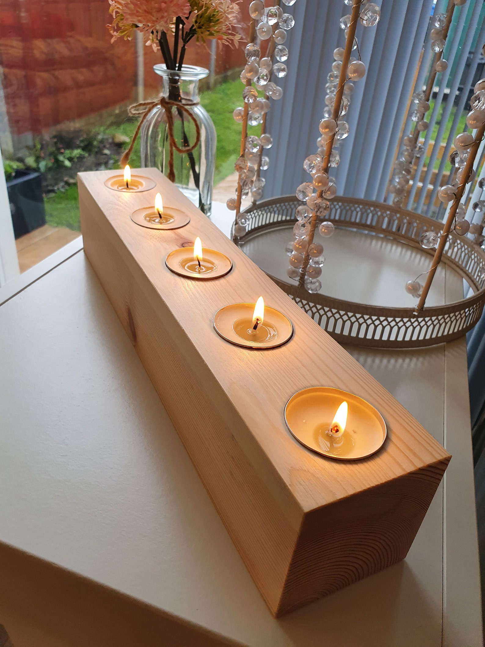 Rustic Wooden Chunky Tea Light Candle 5 Holder Redwood Etsy