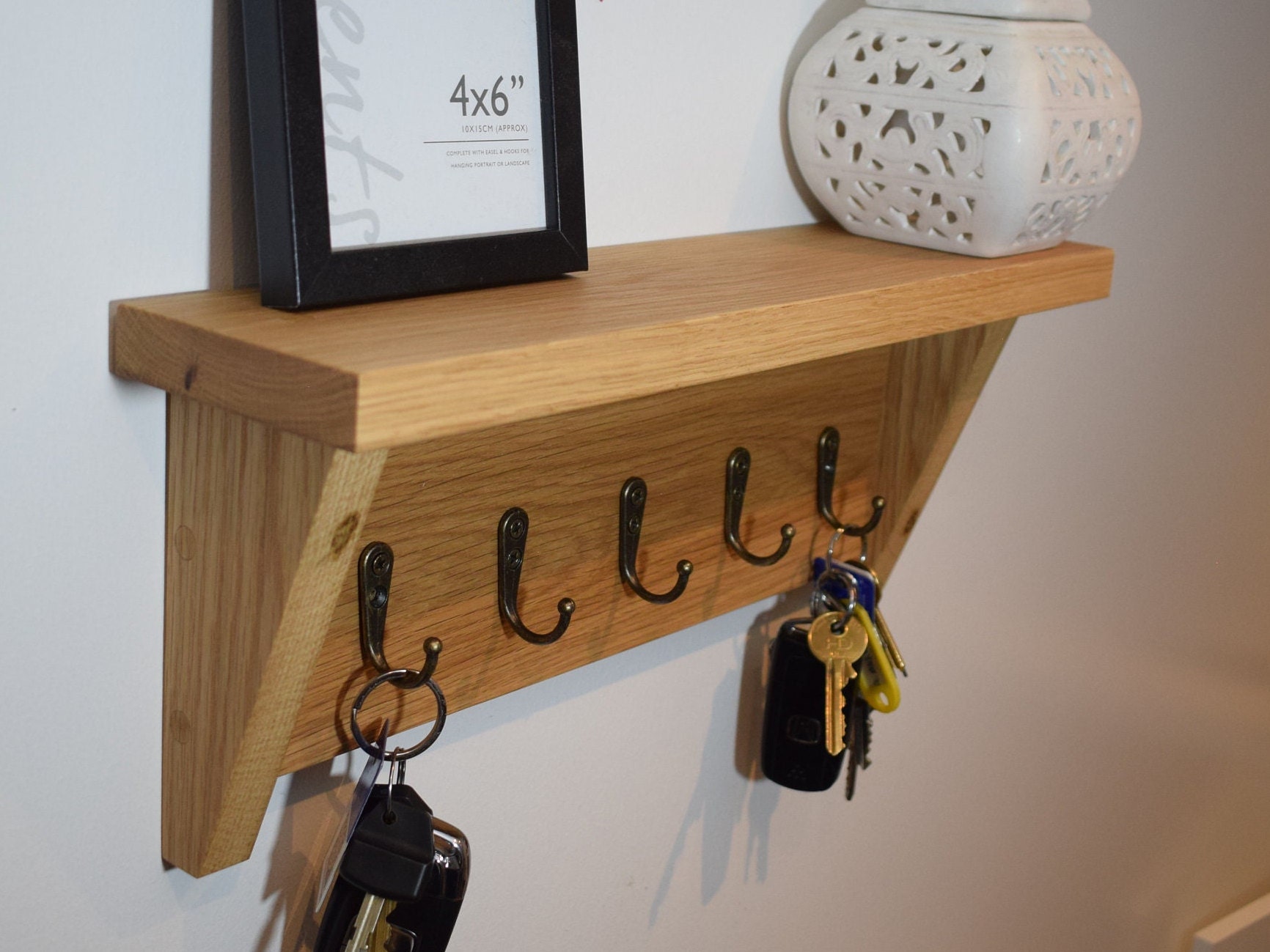 Solid Oak Key Rack With Shelf Wall Storage Vintage Key Hooks Etsy UK
