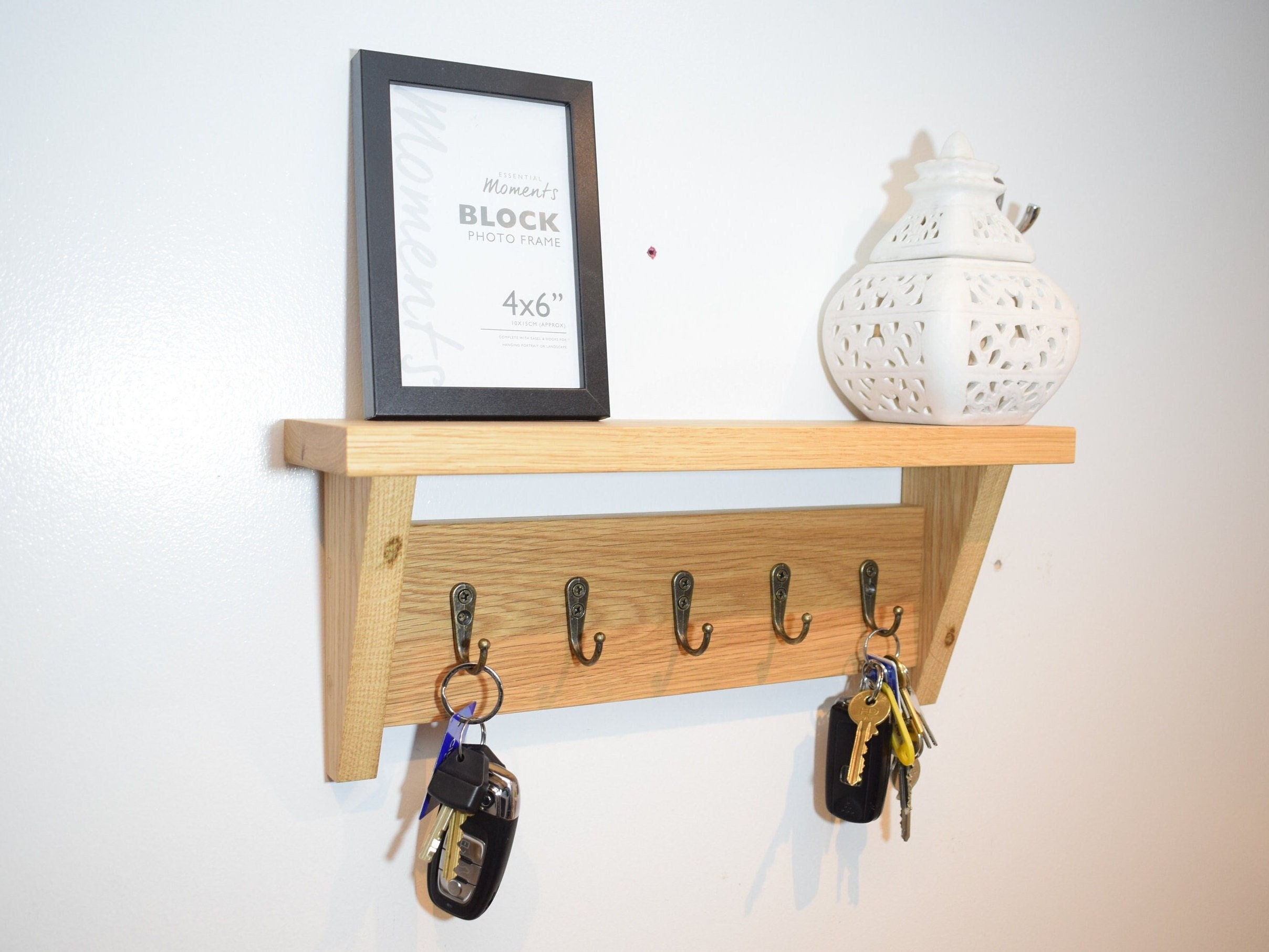 Solid Oak Key Rack With Shelf Wall Storage Vintage Key Hooks Etsy UK