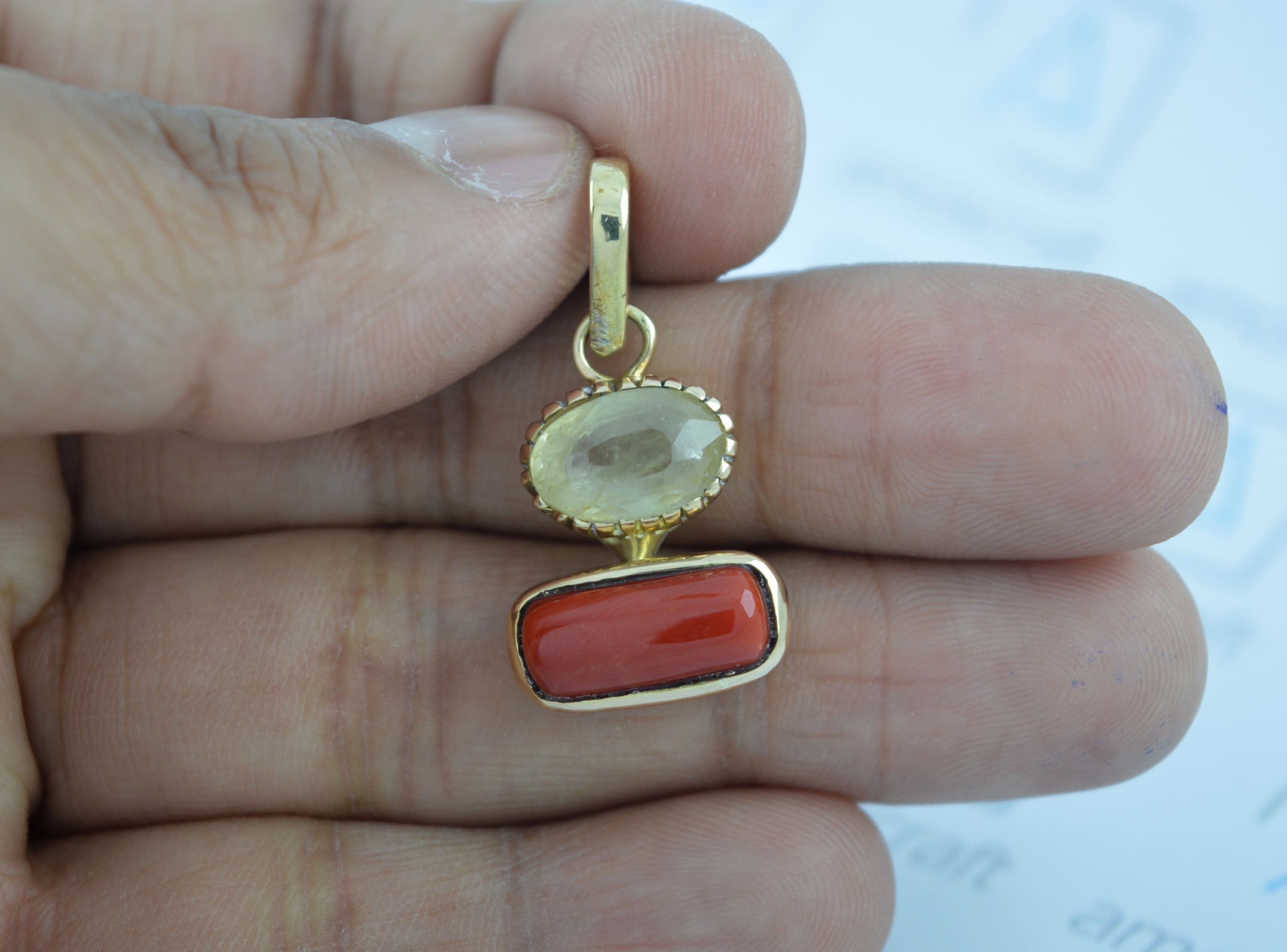 Certified Natural Yellow Sapphire and Red Coral Pendantl for