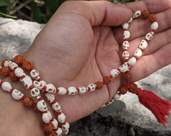 Rudraksha Narmund Hindu Goddess Kali Mala Necklace, 108 beads Skull , Howlite Rudraksha Mala, Liberation Knowledge Wisdom Meditation Yoga