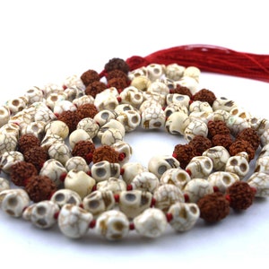 Rudraksha Narmund Hindu Goddess Kali Mala Necklace, 108 beads Skull , Howlite Rudraksha Mala, Liberation Knowledge Wisdom Meditation Yoga