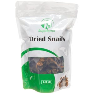 May include: A white resealable bag with a green logo that says "kopabana" and the text "Dried Snails" in black. The bag contains dried snails and has a label that says "1/2 LB".