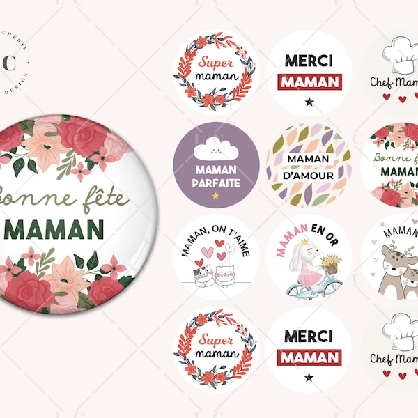 Images digitales, fichier images, maman, fleurs, fête des mères, super maman, bonne fête maman, cabochon rond, 30mm, 25mm, 20mm