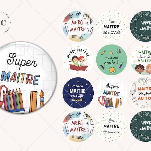 Images digitales, fichier numérique, cabochon rond, 30mm, 25mm, 20mm, collage, maitre école, super maitre, merci maitre, enfants, scolaire