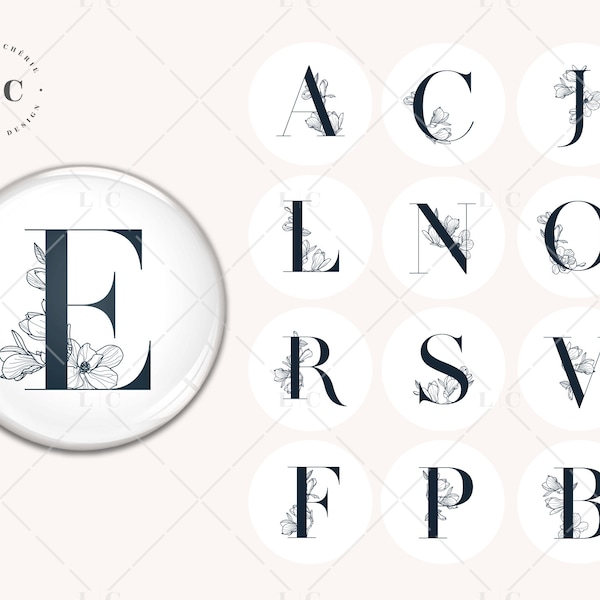 Images digitales lettres, planche images alphabet, prénom, initiales, design, floral, cabochons ronds, 30mm, 25mm, 20mm