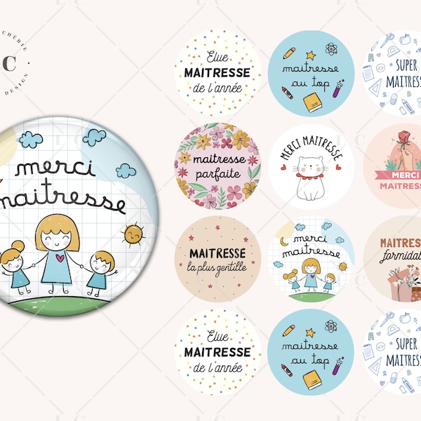 Images numériques, planche images, fichier, cabochon rond, 30mm, 25mm, 20mm, merci maitresse, super maitresse, école, enfant