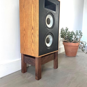 May include: A tall, rectangular speaker with a wood grain finish and a black front panel. The speaker has two white cone speakers and sits on a dark brown wooden stand. A small potted plant is visible in the background.