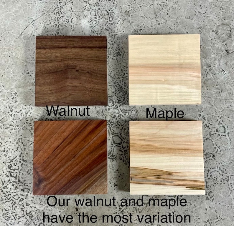 May include: Close-up of four wood samples, two walnut and two maple. The samples show the natural grain and color variations of the wood. "Our walnut and maple have the most variation" is written below the samples.