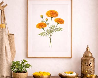 Marigold Botanical Print, South Asian Flower Wall Art, Minimalist Orange Decor (Digital Download)