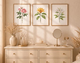 Floral Wall Art Set, South Asian Decor, Minimal Gallery Wall Set, Printable Home Decor, Jasmine, Champaca, Rose Botanical Prints
