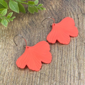 Neon coral ginkgo leaf earrings, dangle earrings, ginkgo earrings, lightweight, statement earrings, beach earrings.