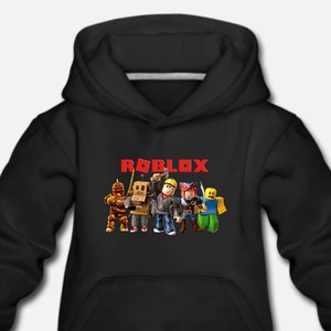 May include: Black hoodie with a red "ROBLOX" logo and a graphic of five cartoon characters. The characters are wearing different outfits and holding various items.