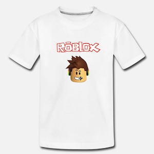 Puede incluir: Camiseta blanca con un logotipo rojo "ROBLOX" y un personaje de dibujos animados con auriculares.