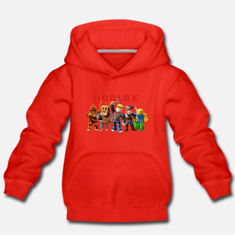 May include: Red hooded sweatshirt with a white drawstring and the word "ROBLOX" printed in white on the front. The graphic features a group of cartoon characters from the popular online game.