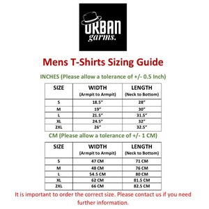 May include: A size chart for men's t-shirts with measurements in inches and centimeters. The chart shows the width and length of the shirts in different sizes, from small to 2XL. The chart also includes a note about the tolerance of the measurements.