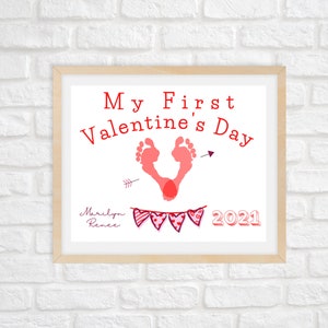 Baby's First Valentine's Day/ Baby's Foot print Valentine's Keepsake with Personalized Name/Valentine's Gift/Valentine's Editable Printable image 1