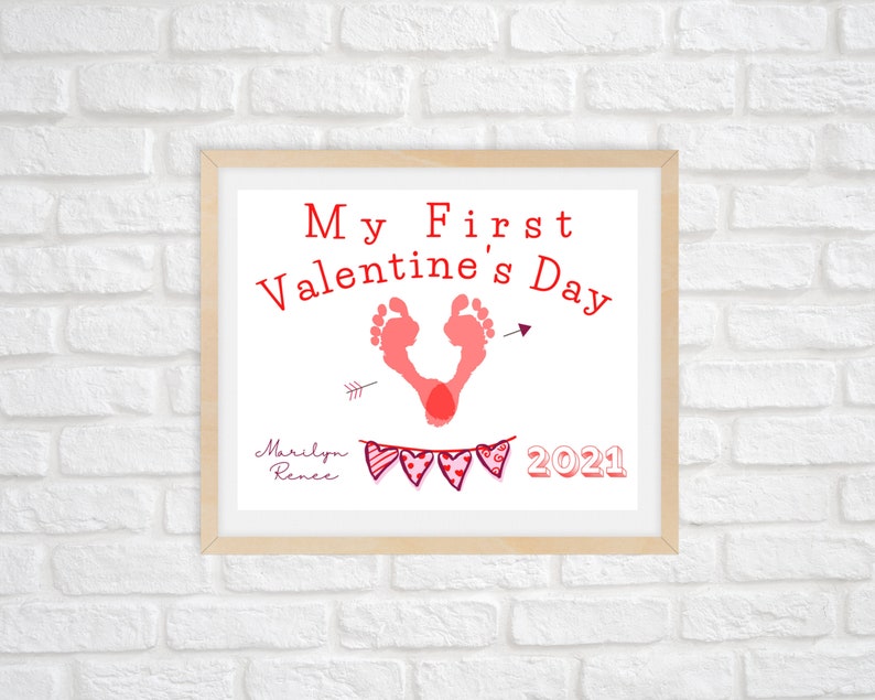 Baby's First Valentine's Day/ Baby's Foot print Valentine's Keepsake with Personalized Name/Valentine's Gift/Valentine's Editable Printable image 1